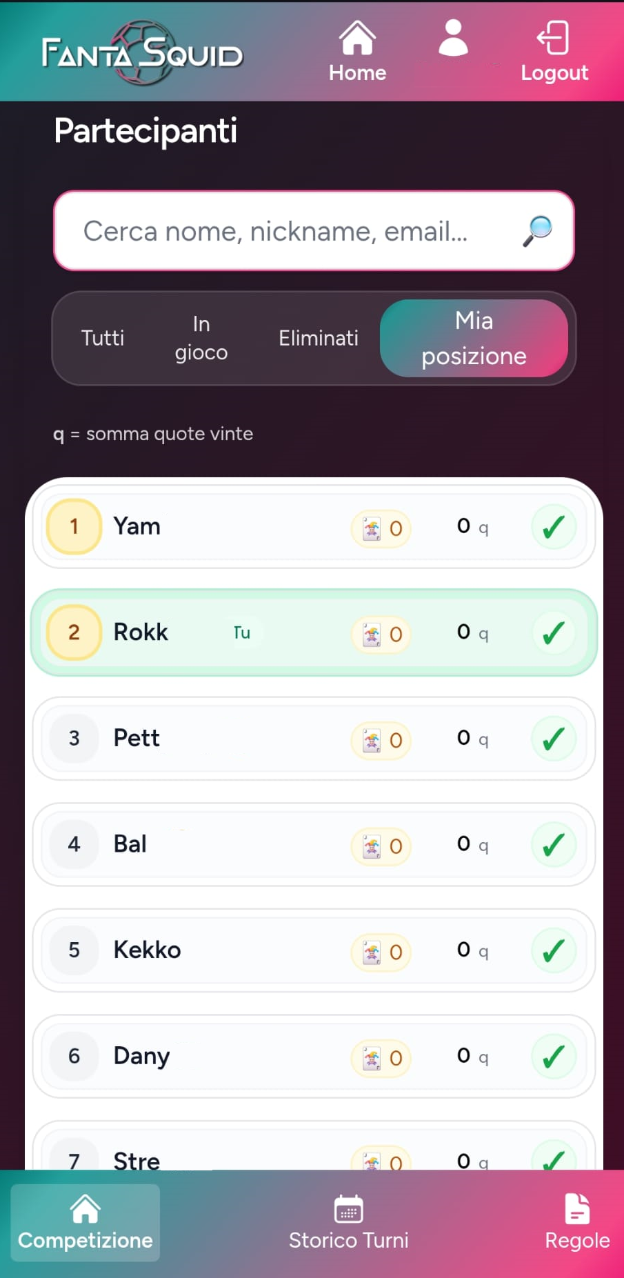 Schermata home con classifica attuale