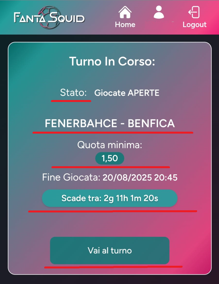 Schermata gestione turno con stato, countdown e pulsante